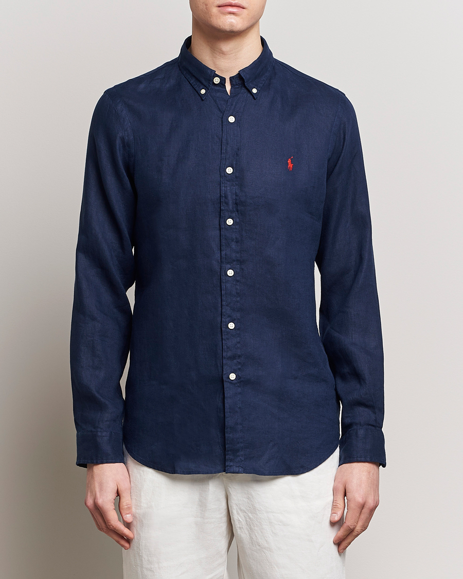 Herre | Polo Ralph Lauren | Polo Ralph Lauren | Slim Fit Linen Button Down Shirt Newport Navy