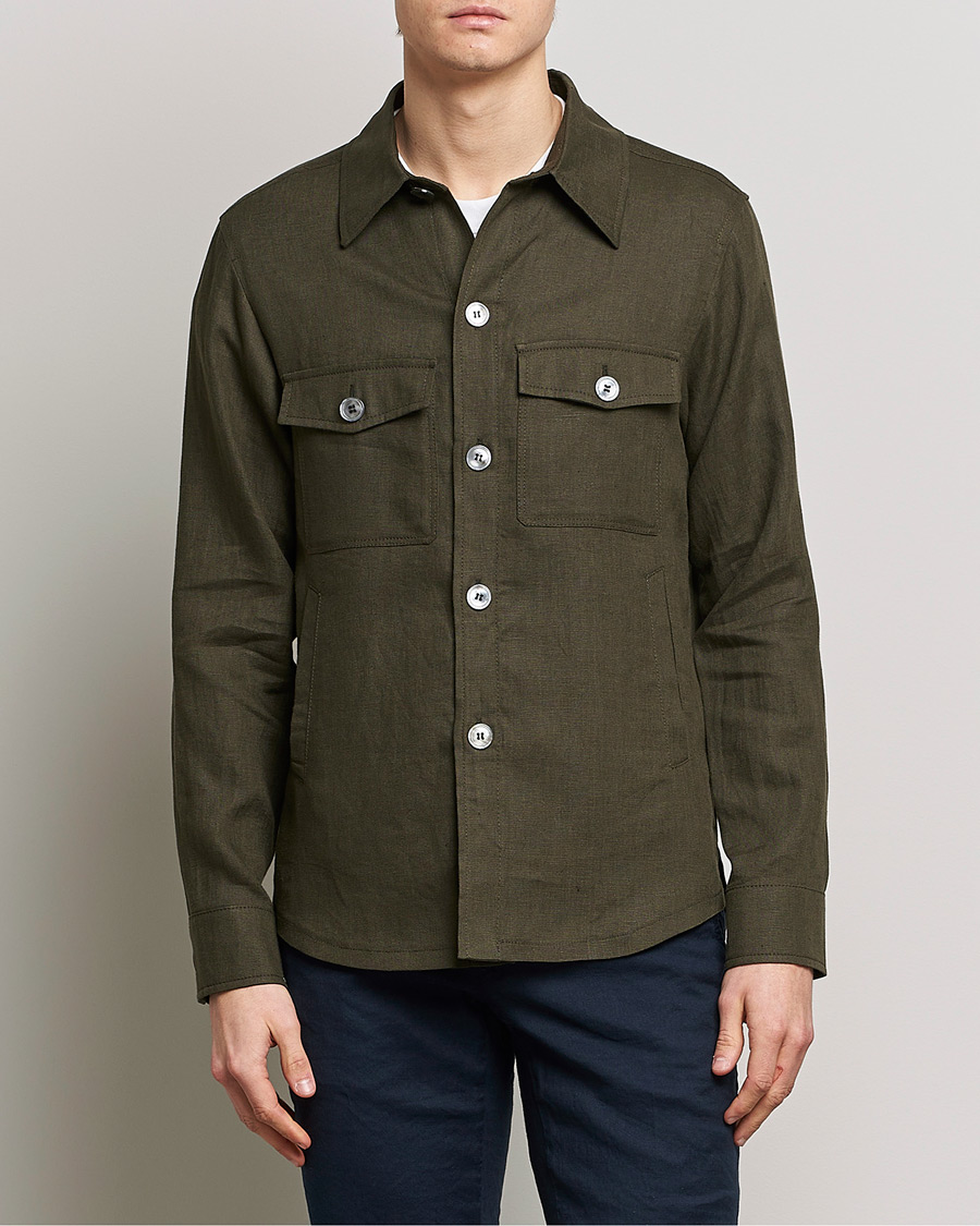 Herre | Skjortejakke | Oscar Jacobson | Maverick Linen Shirt Jacket Olive