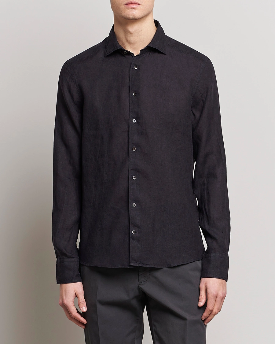 Herre | Casual | Stenströms | Slimline Cut Away Linen Shirt Black