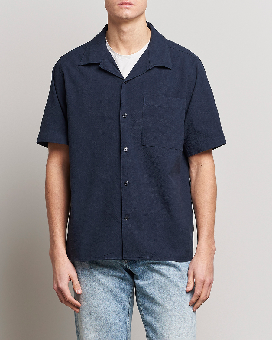 Herre |  | NN07 | Julio Seersucker Short Sleeve Shirt Navy Blue