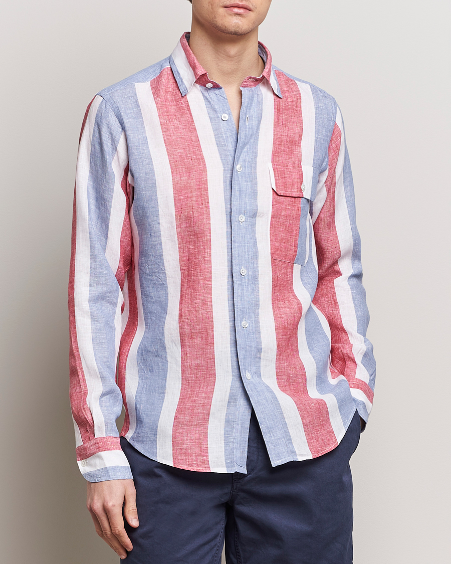 Herr | Drake's | Drake\'s | Thick Stripe Linen Shirt Red/Blue