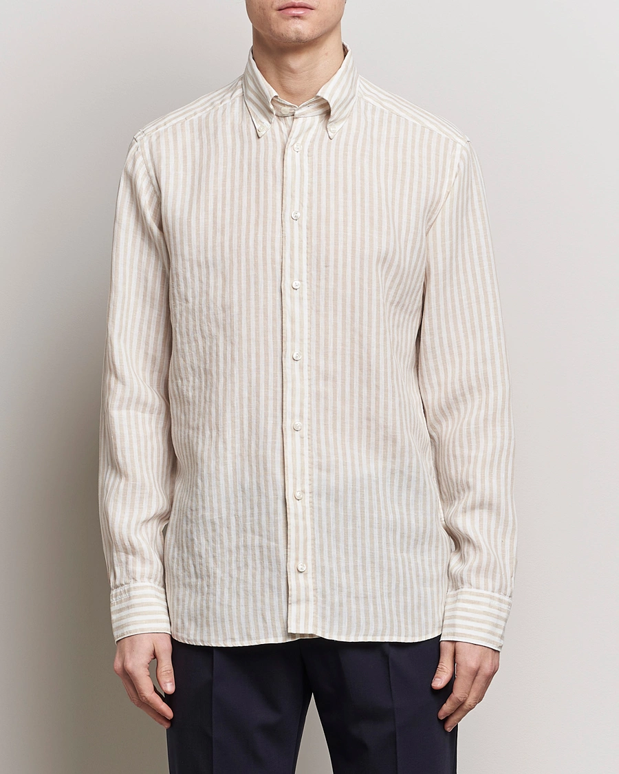 Herre | Klær | Eton | Slim Fit Striped Linen Shirt Beige/White