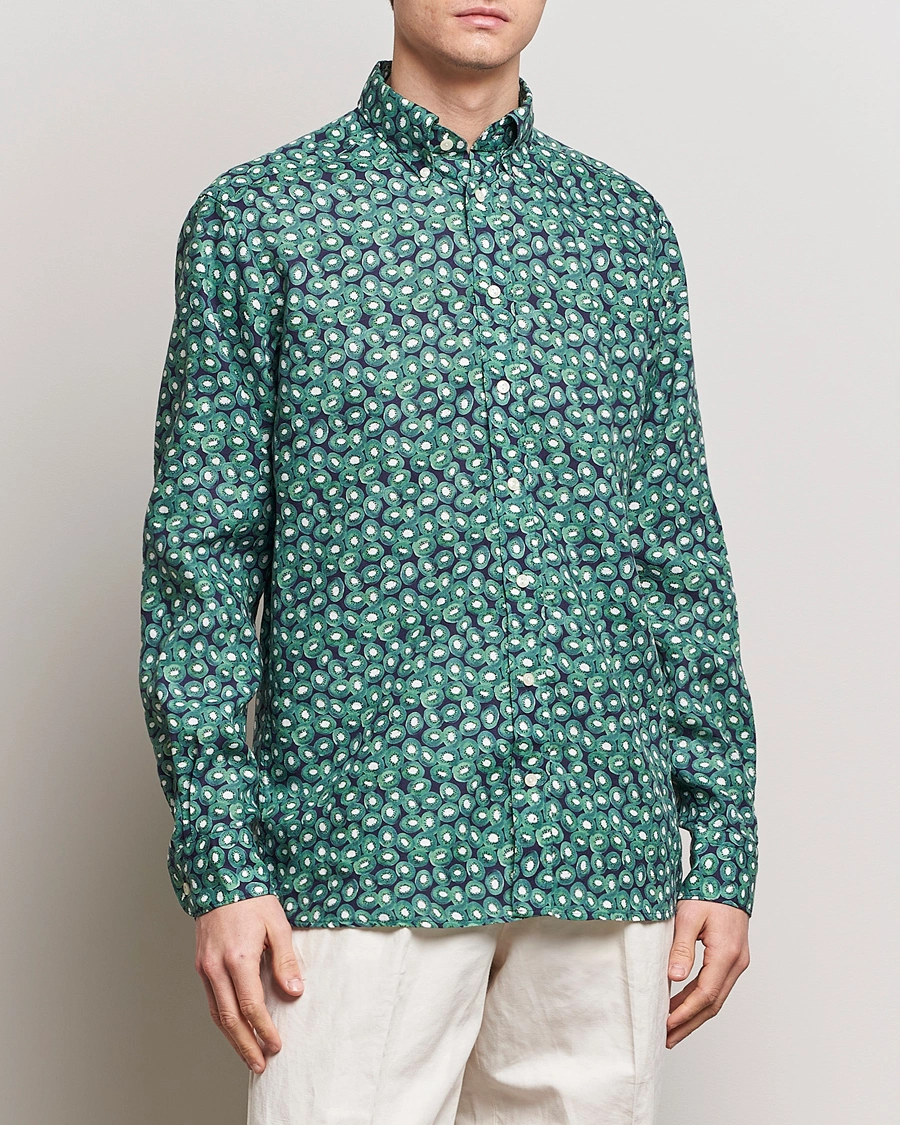 Herre |  | Eton | Contemporary Fit Printed Linen Shirt Green Kiwi
