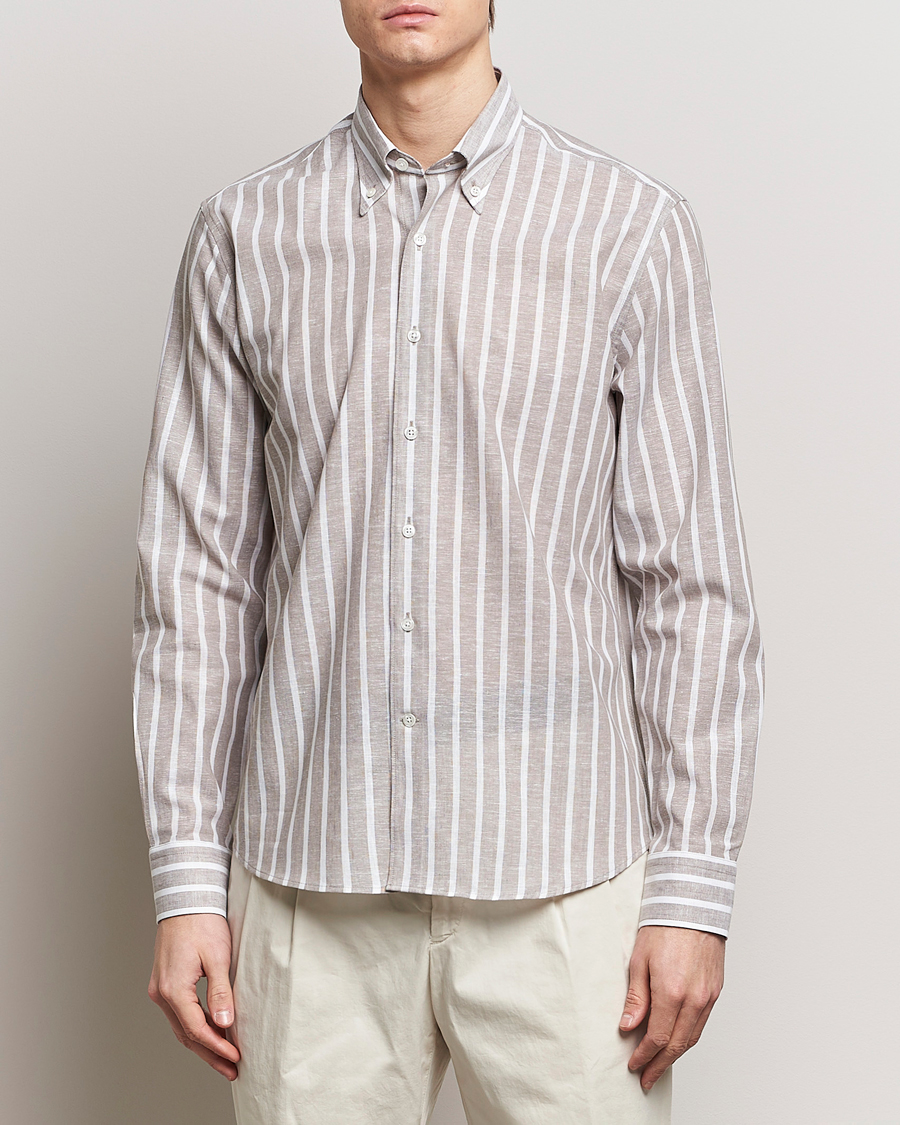 Herre | Klær | Oscar Jacobson | Regular Fit Striped Linen Shirt Brown