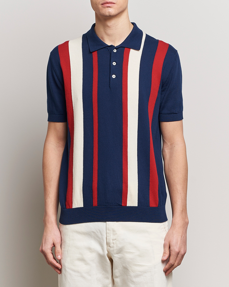 Herre | Baracuta | Baracuta | Stripe Knitted Short Sleeve Polo Navy