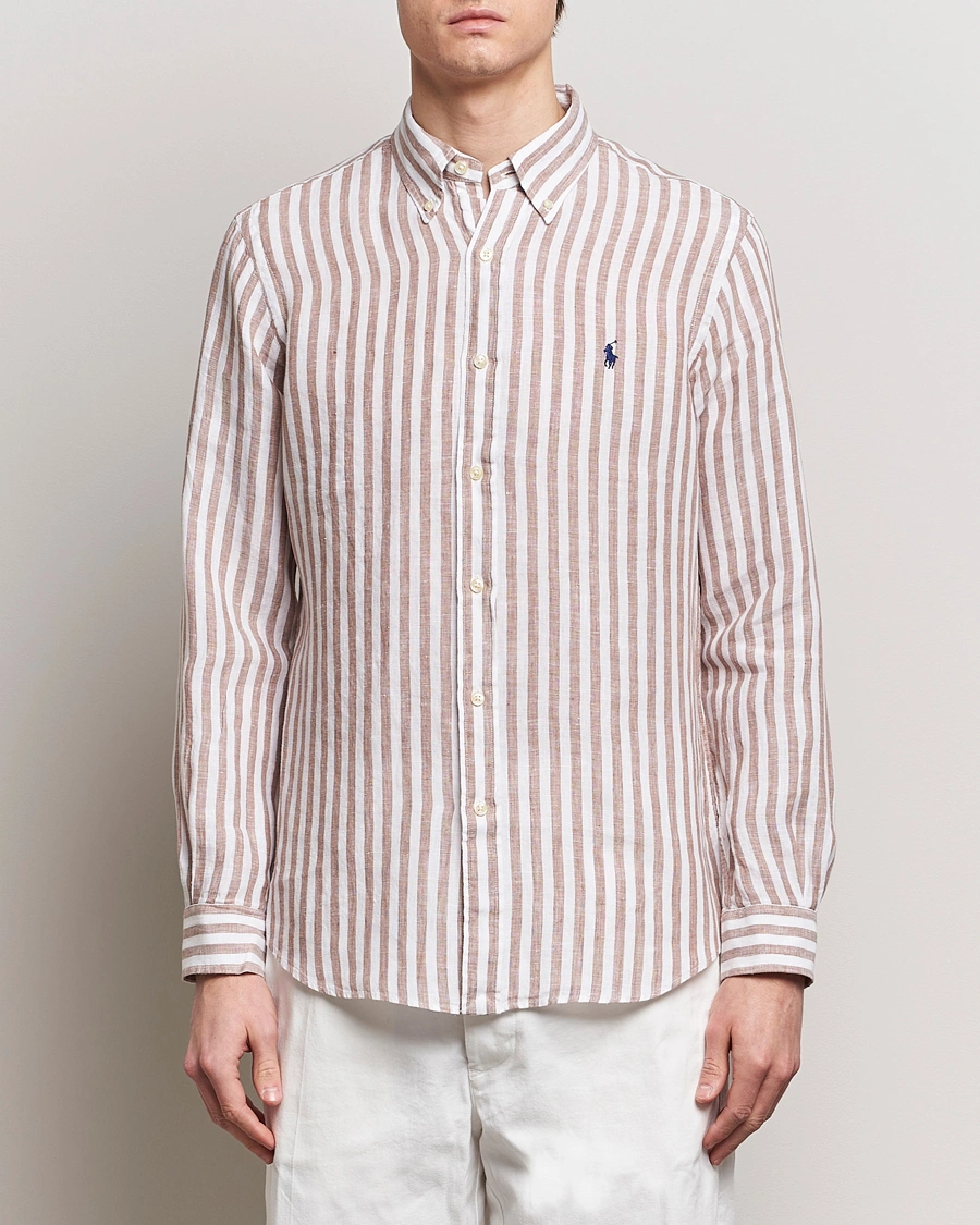 Herre |  | Polo Ralph Lauren | Custom Fit Striped Linen Shirt Khaki/White