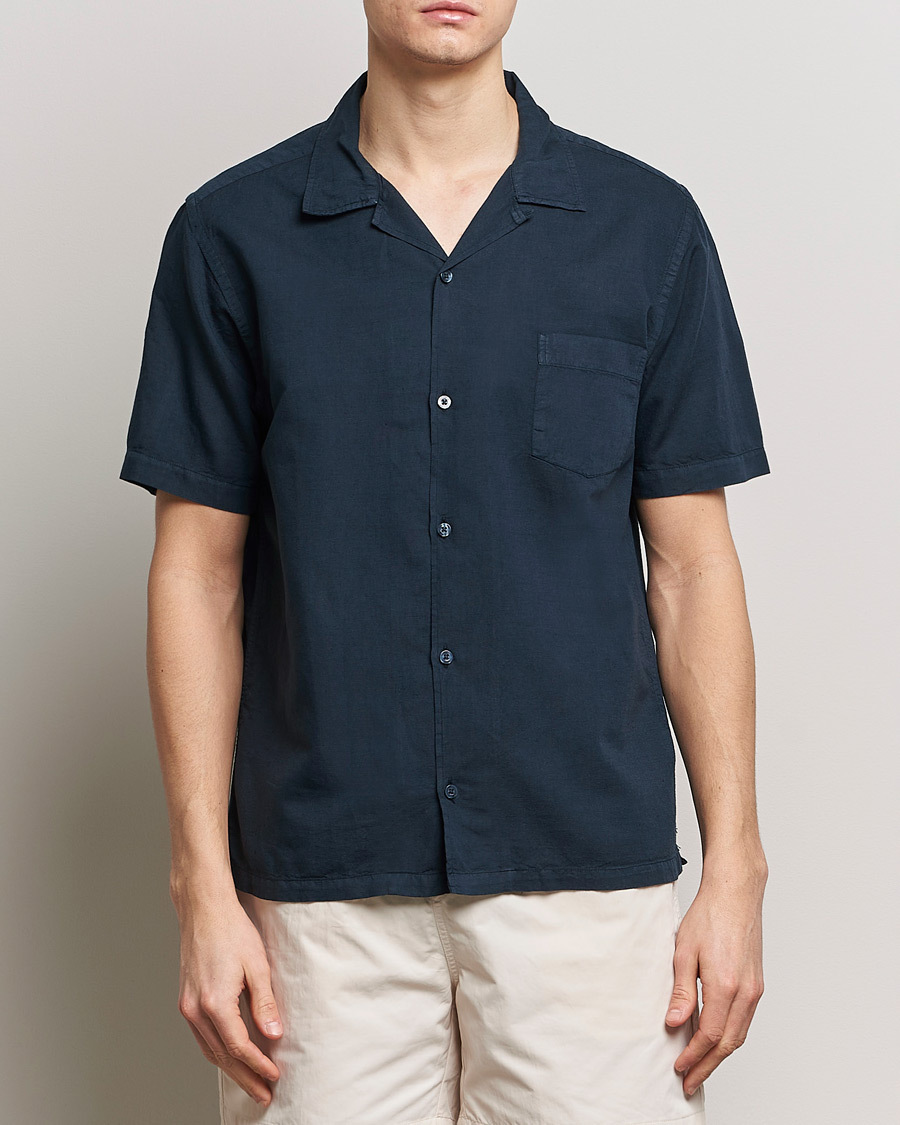 Herre | Linskjorter | Colorful Standard | Cotton/Linen Short Sleeve Shirt Navy Blue