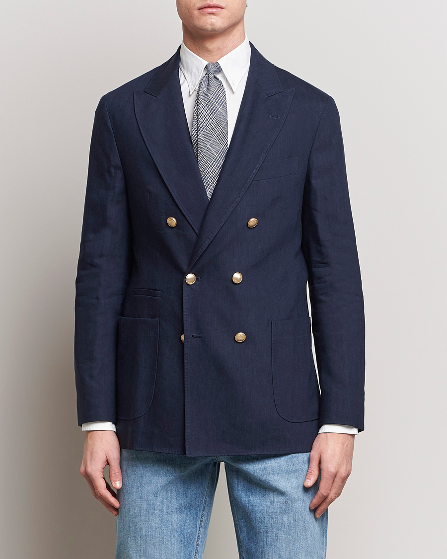 Herre | Ullblazer | Brunello Cucinelli | Double Breasted Wool/Linen Blazer  Navy