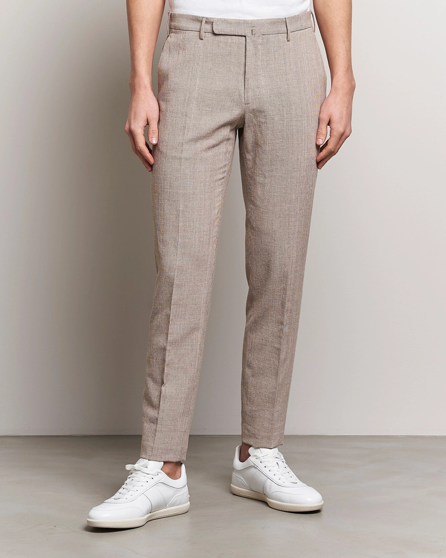 Herre | Slowear | Incotex | Slim Fit Cotton/Linen Micro Houndstooth Trousers Beige