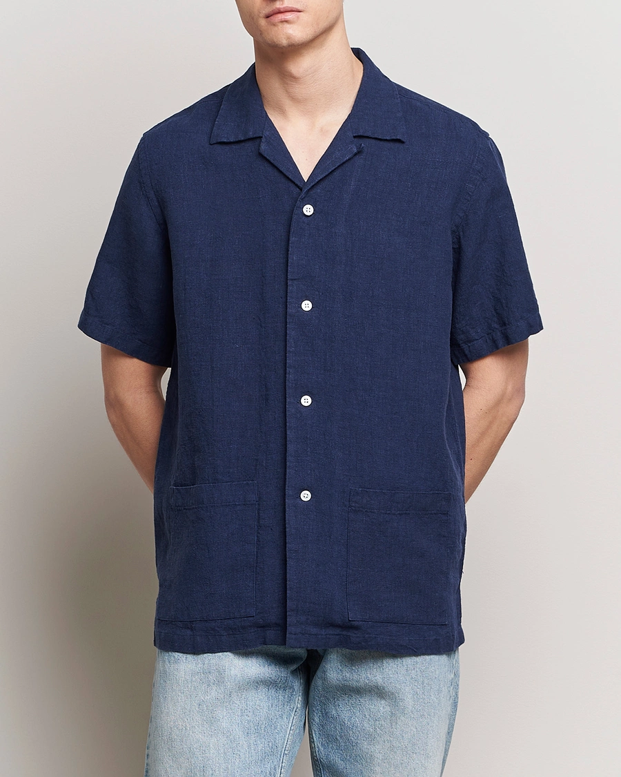 Herre | Nytt i butikken | Kamakura Shirts | Vintage Ivy Heavy Linen Beach Shirt Navy