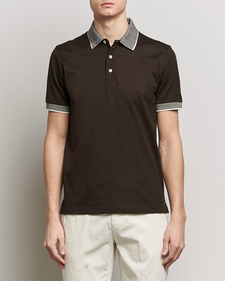 Herre | Canali | Canali | Contrast Collar Short Sleeve Polo Dark Brown