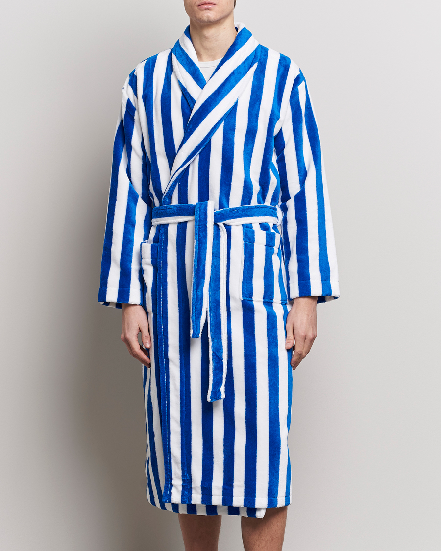 Herre | Morgenkåper | Derek Rose | Cotton Velour Striped Gown Blue/White