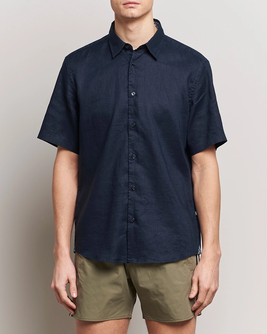 Herre | Kortermede skjorter | BOSS BLACK | Liam Short Sleeve Linen Shirt Dark Blue