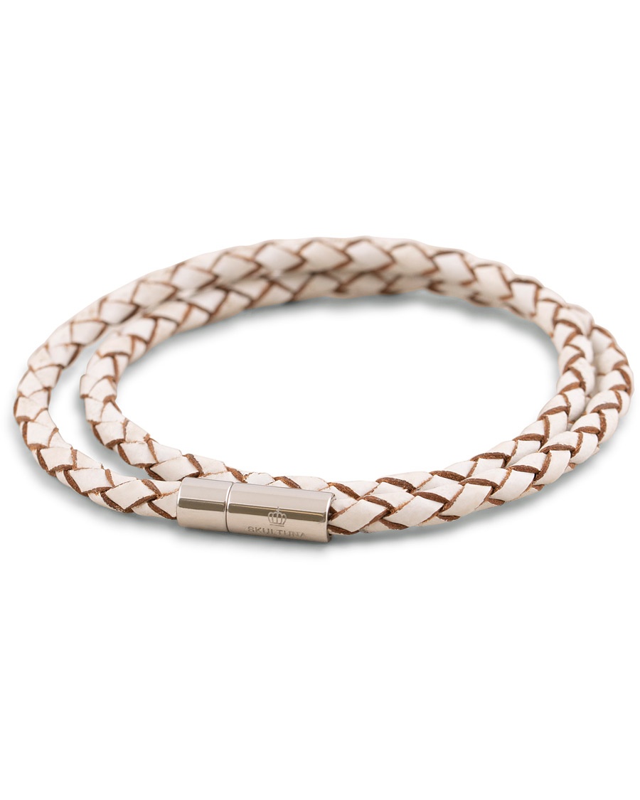  Two Row Leather Bracelet White Silver
