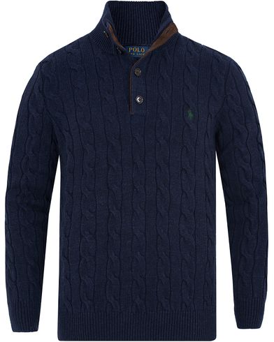  Knitted Cable Tussah Silk Half Button Navy Heather