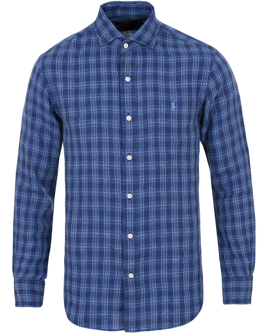  Slim Fit Linen Check Shirt Ocean Blue