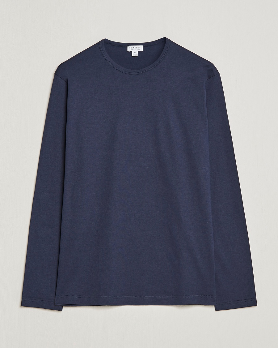 Herre | Langermede t-shirts | Sunspel | Long Sleeve Crew Neck Cotton Tee Navy
