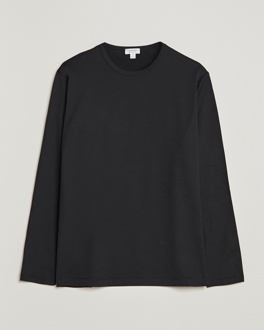 Sunspel Long Sleeve Crew Neck Cotton Tee Black – Svart