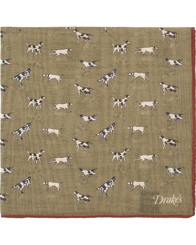  Wool/Silk Dogs Print Pocket Square Olive