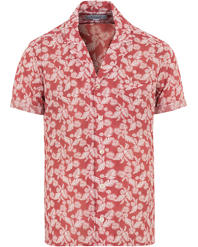  Slim Fit Muslin Resort Printed Leaf Shirt Pink/Red
