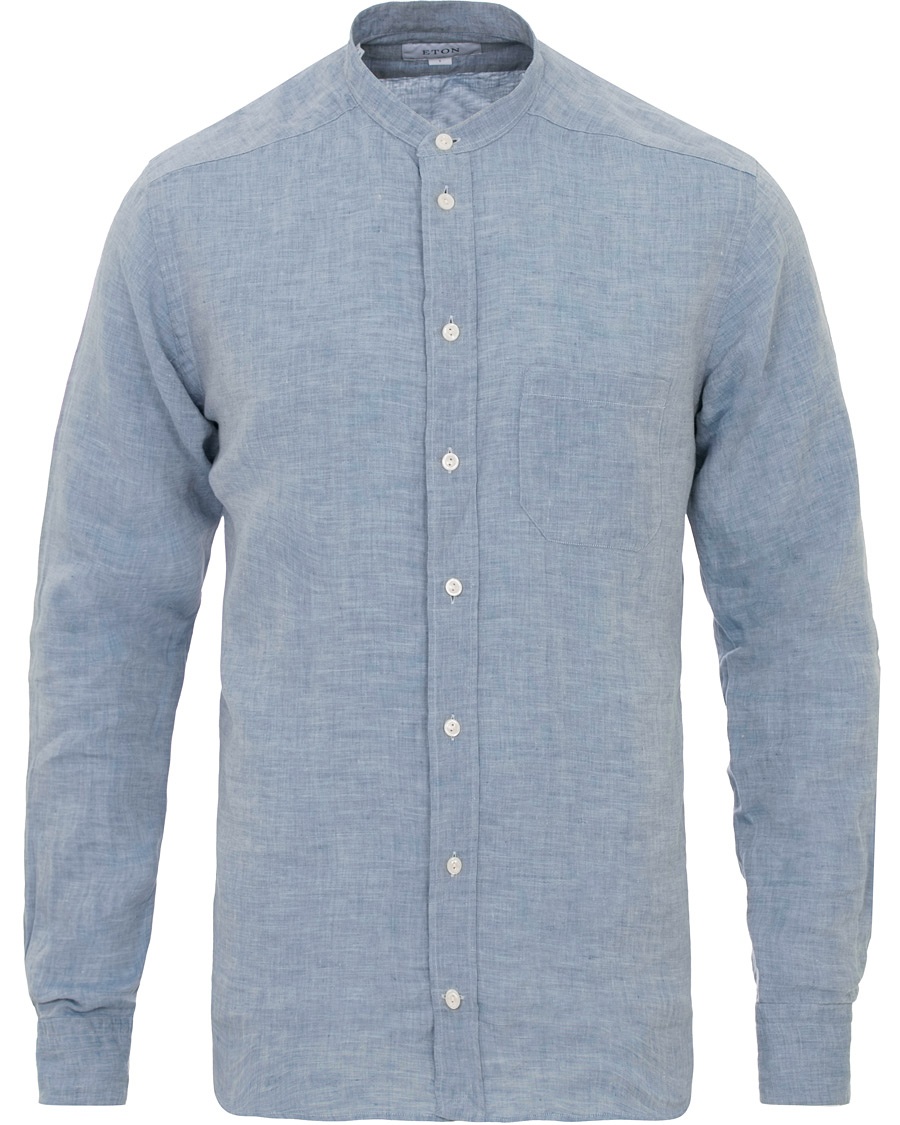  Slim Fit Linen Grandad Collar Shirt Light Blue