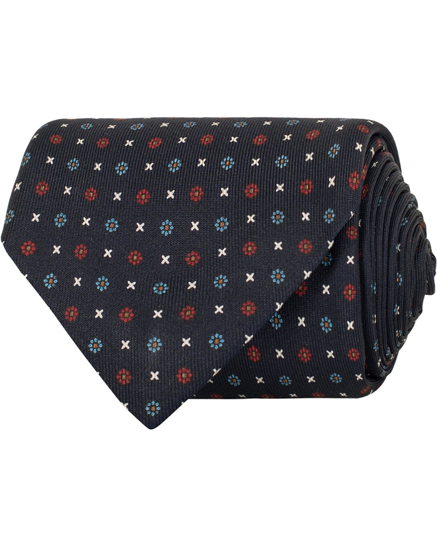  7-Fold Printed Flowers Silk Tie Navy 8 cm