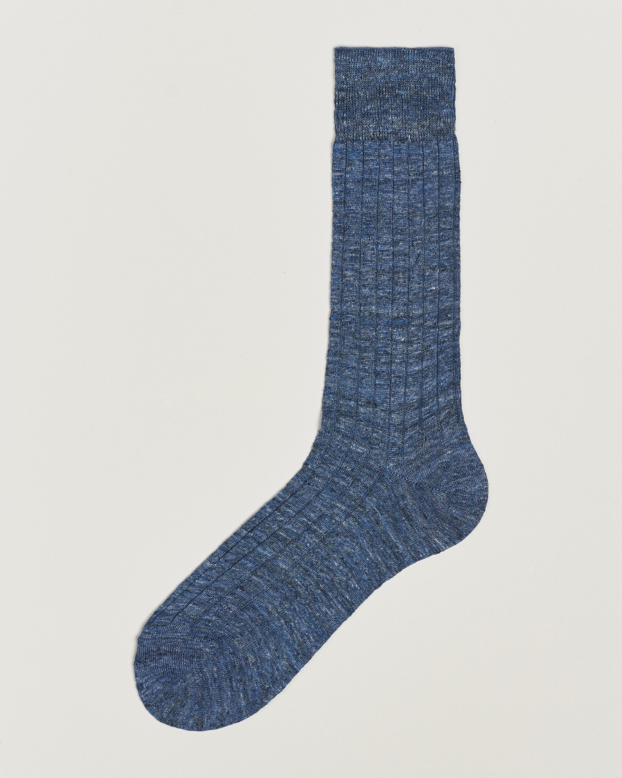 Bresciani Linen Ribbed Short Socks Blue Melange – Blå