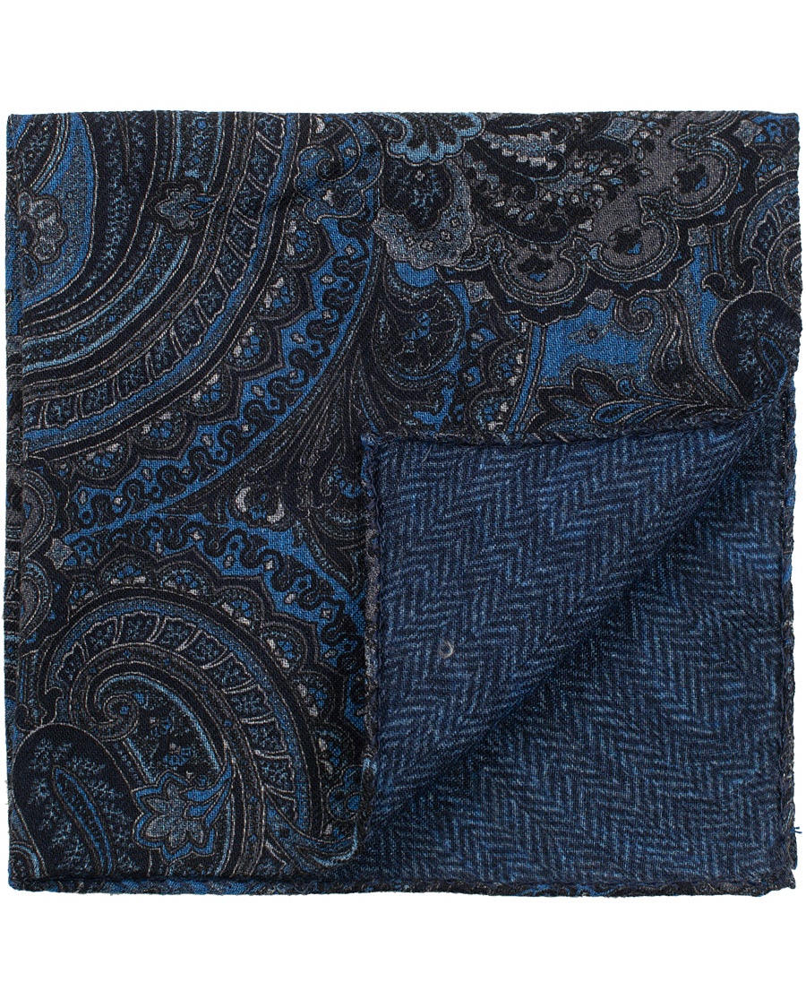  Wool Doublefaced Printed Paisley Pocket Square Blue