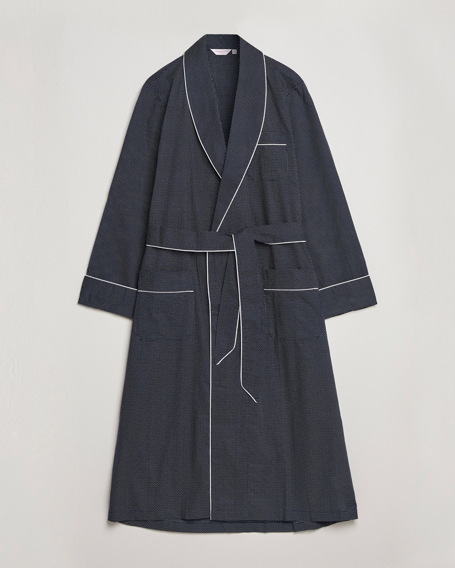 Derek Rose Polka Dot Cotton Satin Dressing Gown Navy