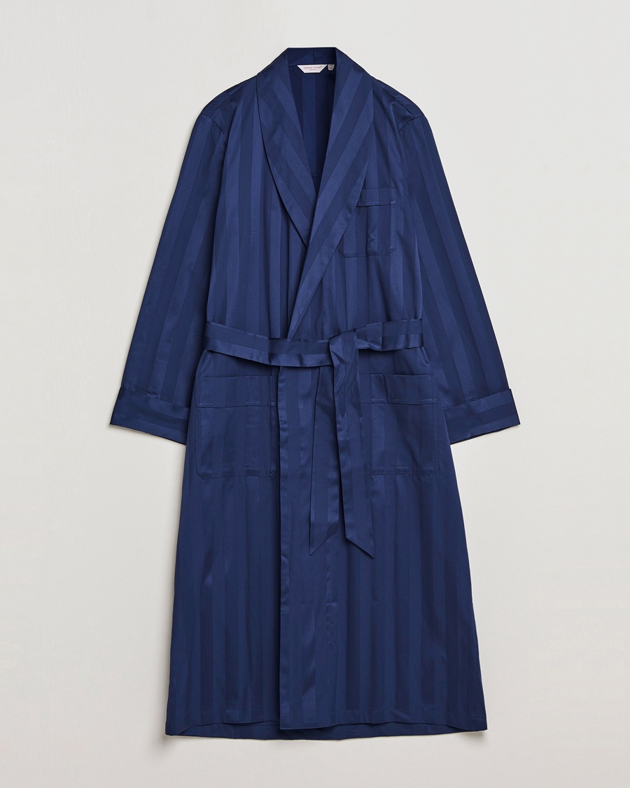 Herre | | Derek Rose | Striped Cotton Satin Dressing Gown Navy/Navy