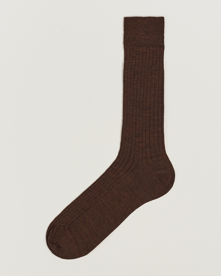 Herre | Italian Department | Bresciani | Wool/Nylon Ribbed Short Socks Brown Melange