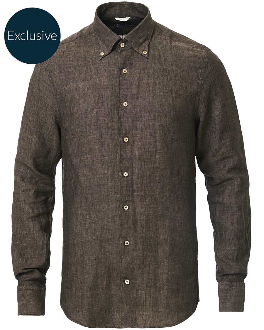  Slimline Button Down Linen Shirt Brown