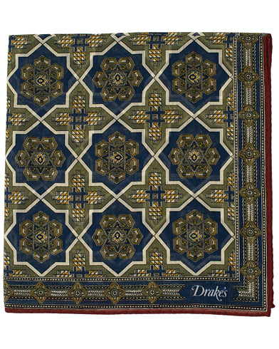  Cotton/Silk Baroque Tile Pocket Square Navy