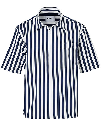 NN07 Idi Stripe Zip Short Sleeve Shirt White/Navy