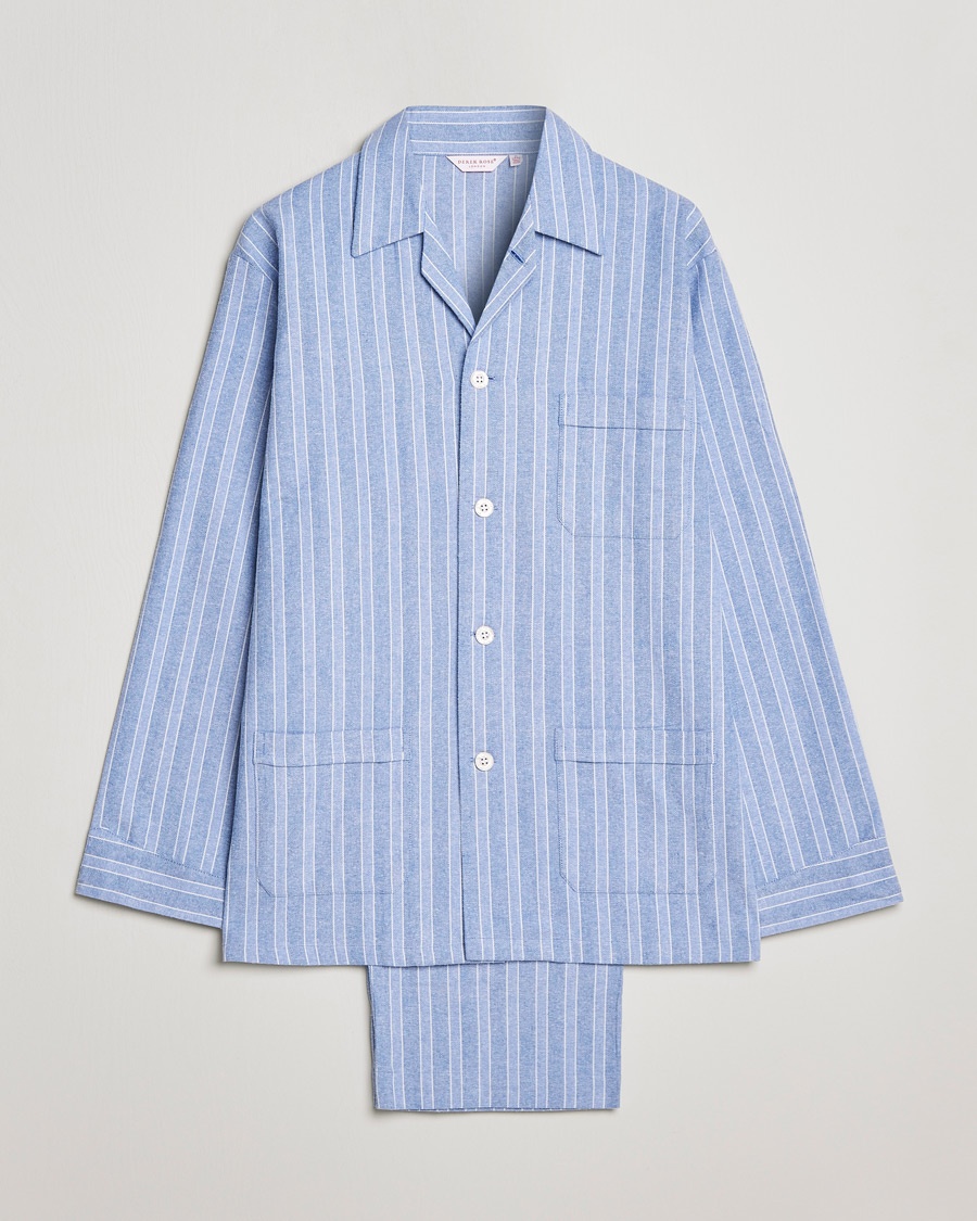 Derek Rose Brushed Cotton Flannel Striped Pyjama Set Blue – Blå