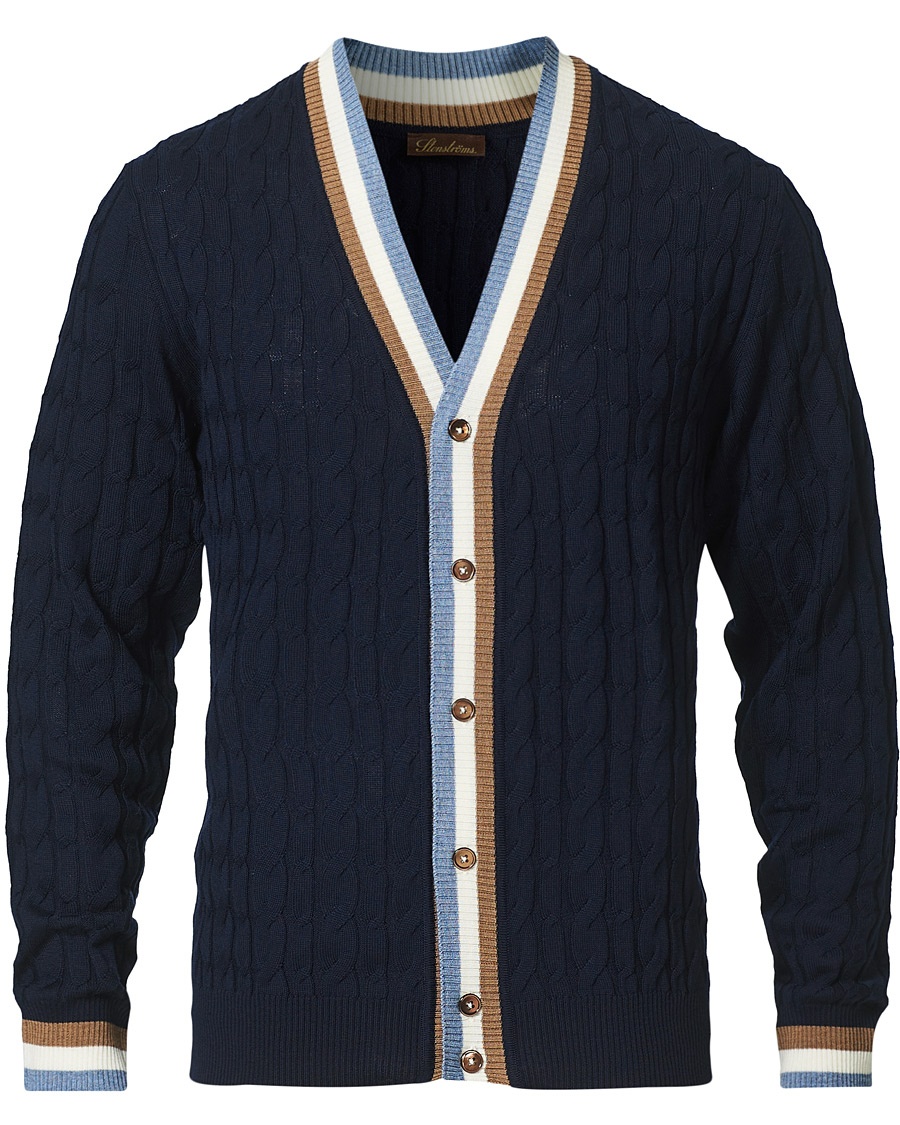 Stenströms Contrast Merino Cable Cardigan Navy Stenströms Contrast Merino Cable Cardigan Navy