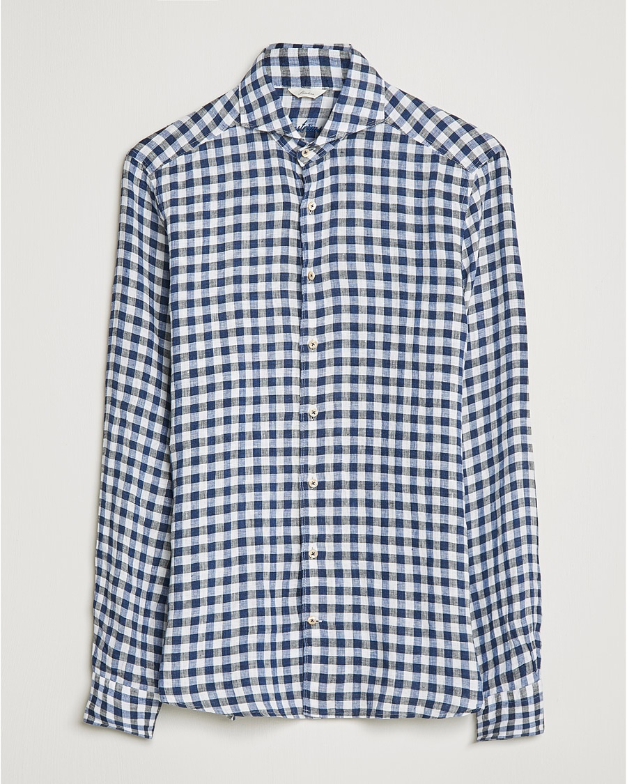 Stenströms Slimline Cut Away Gingham Linen Shirt Blue Stenströms Slimline Cut Away Gingham Linen Shirt Blue