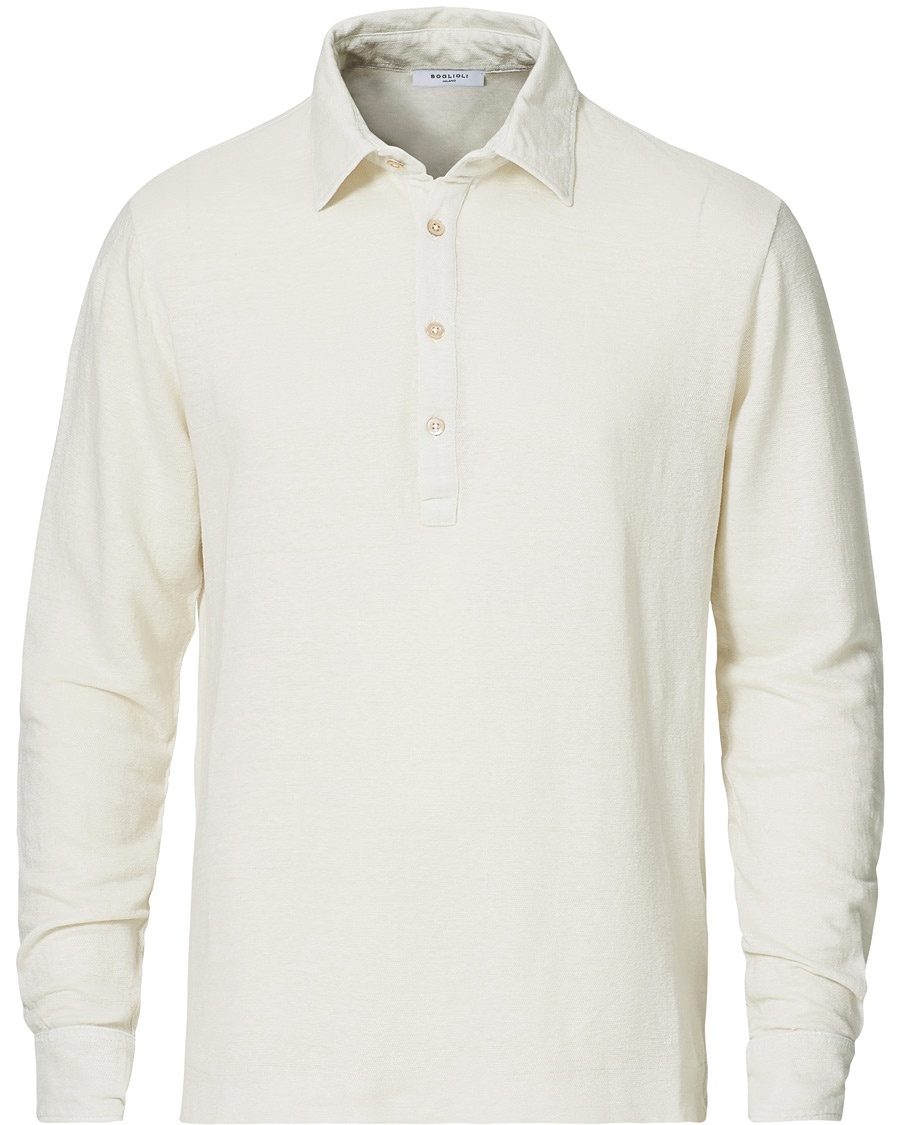 Boglioli Washed Linen Long Sleeve Polo White Boglioli Washed Linen Long Sleeve Polo White
