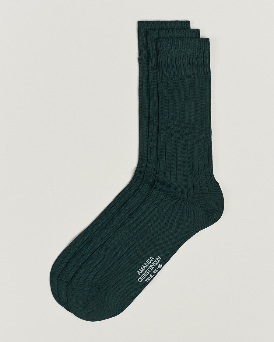 Amanda Christensen 3-Pack True Cotton Ribbed Socks Bottle Green – Grønn