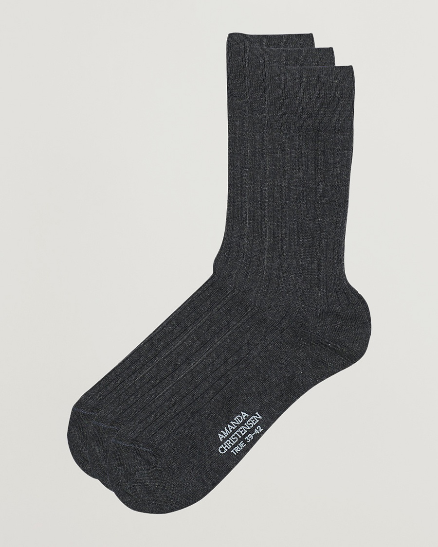 Amanda Christensen 3-Pack True Cotton Ribbed Socks Antracite Melange – Grå