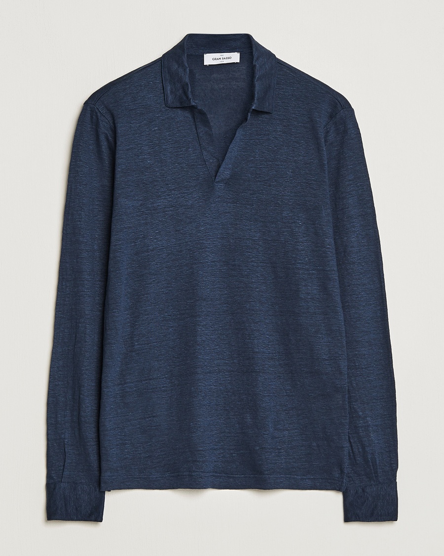 Gran Sasso Washed Linen Long Sleeve Polo Navy Melange – Blå