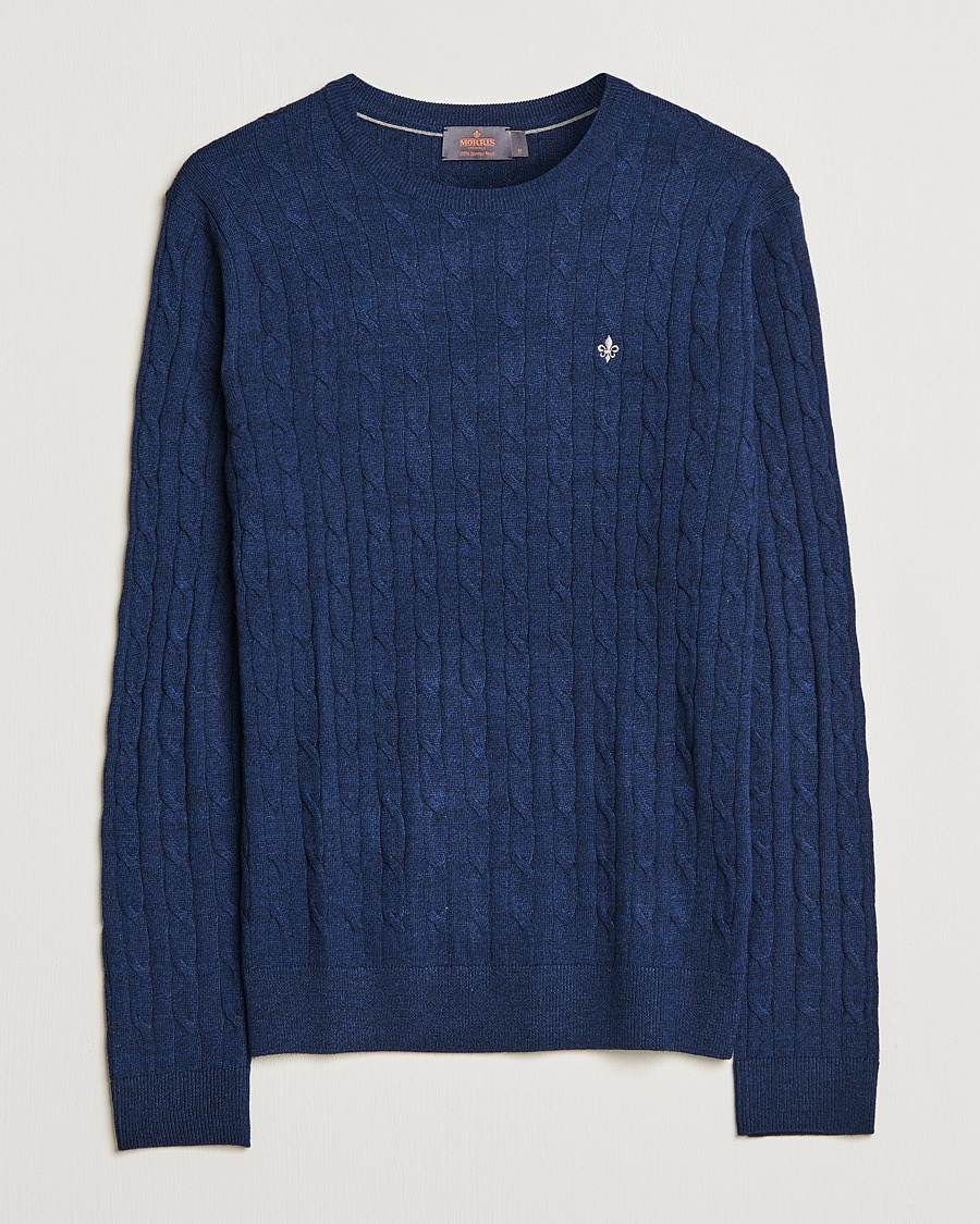 Herre | | Morris | Merino Cable Crew Neck Pullover Blue