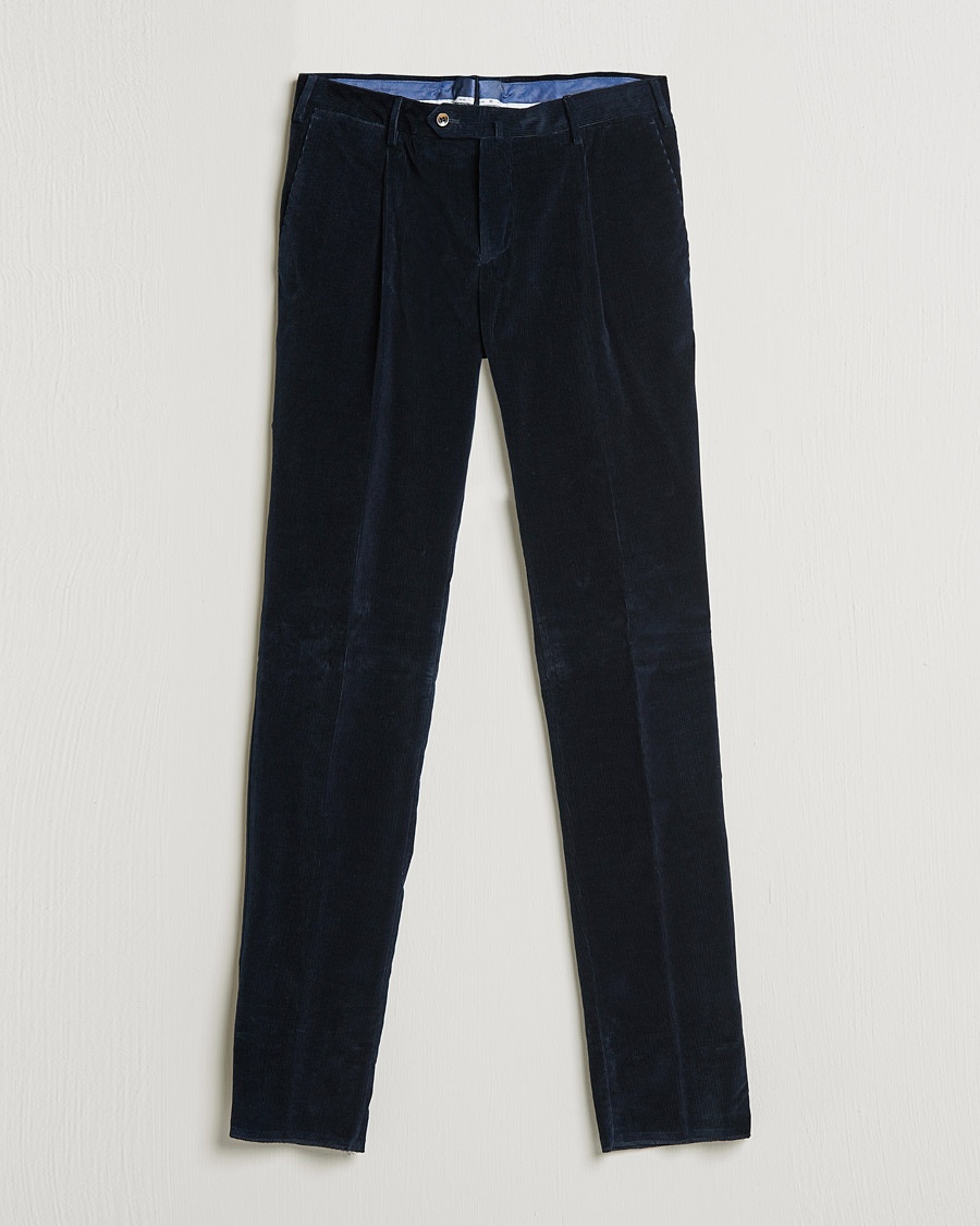 Herre | | PT01 | Slim Fit Pleated Corduroy Trousers Navy