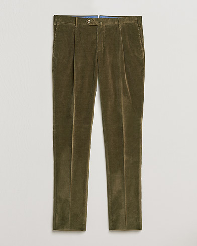 Herre | PT01 | PT01 | Slim Fit Pleated Corduroy Trousers Forest Green