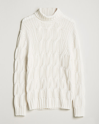 Herre | Pologensere | Gran Sasso | Cable Knitted Wool/Cashmere Roll Neck Off White
