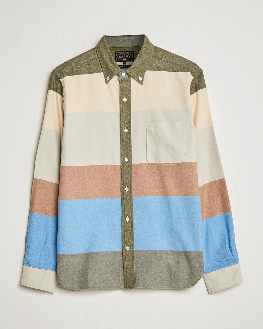 Herre | | BEAMS PLUS | Flannel Multi Stripe Shirt Olive/Cream