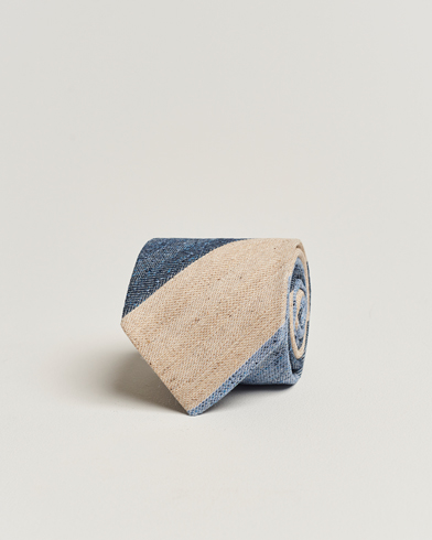 Herre | Slips | Amanda Christensen | Silk/Linen/Cotton Block Striped 8cm Tie Navy/Blue/Beige
