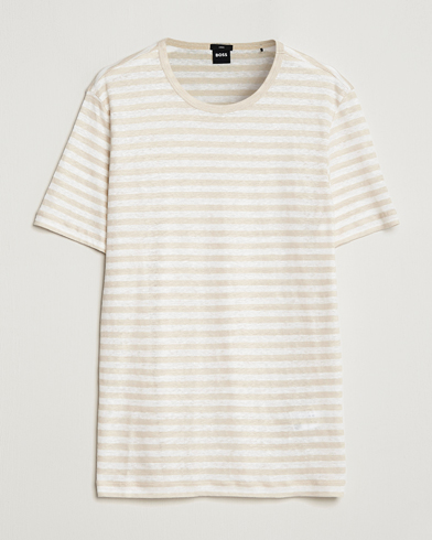 Herre |  | BOSS BLACK | Tiburt Striped Linen Crew Neck T-Shirt Open White 