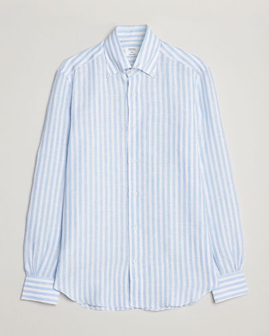 Herre |  | Mazzarelli | Soft Linen Button Down Shirt Light Blue Stripe