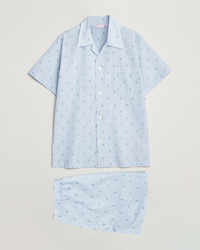 Herre |  | Derek Rose | Shortie Printed Cotton Pyjama Set Blue